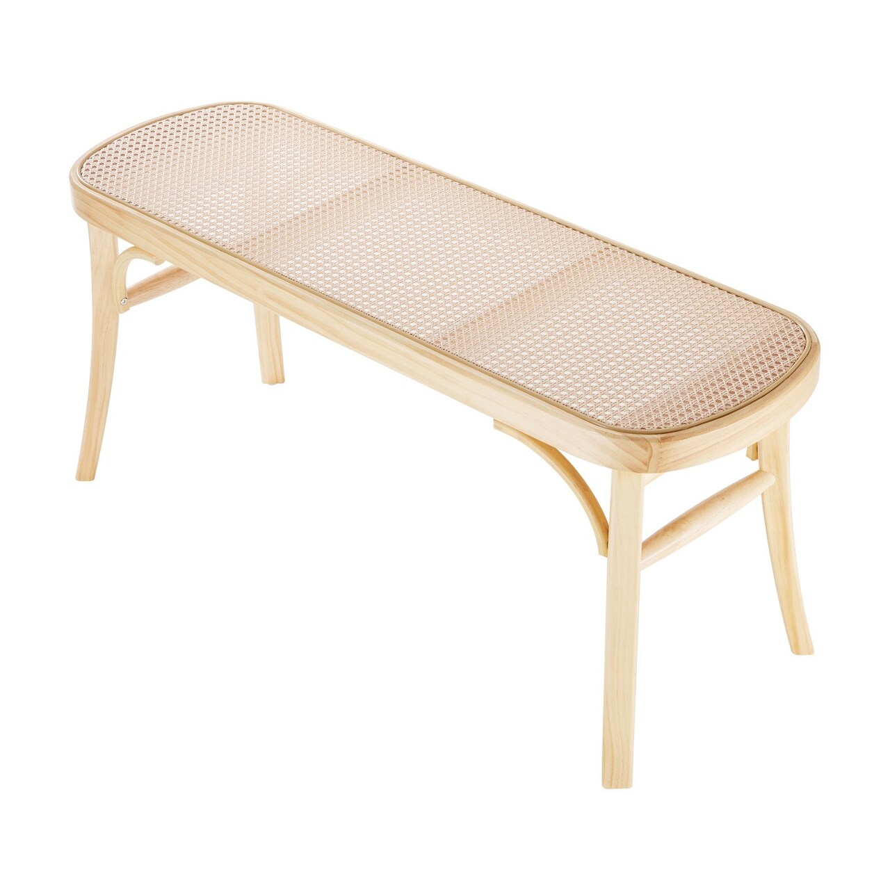 Beige Plastic Rattan Bench with Solid Wood and Oak Legs, Non-Slip Pads